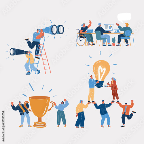 Vector illustration of people characters. Team, teamwork, Idea, winner, research, investigations, inclusion of people with disabilities