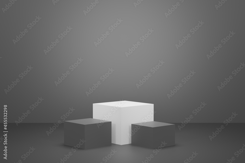 Cosmetic podium product minimal scene with platform grey background 3d render. Display stand for pastel white color mock up. stand to show beauty backdrop on pedestal. Simple Cylinder gray design