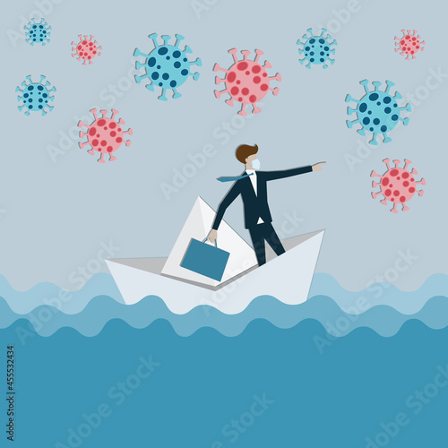 Flat design of crisis management,Young man on the paper boat riding on the sea between crown of virus - vector