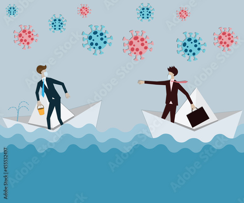 Flat design of crisis management,Young man standing on a leaking paper boat and another boat came to help - vector