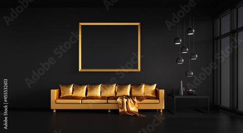 Black  lounge room with golden sofa photo