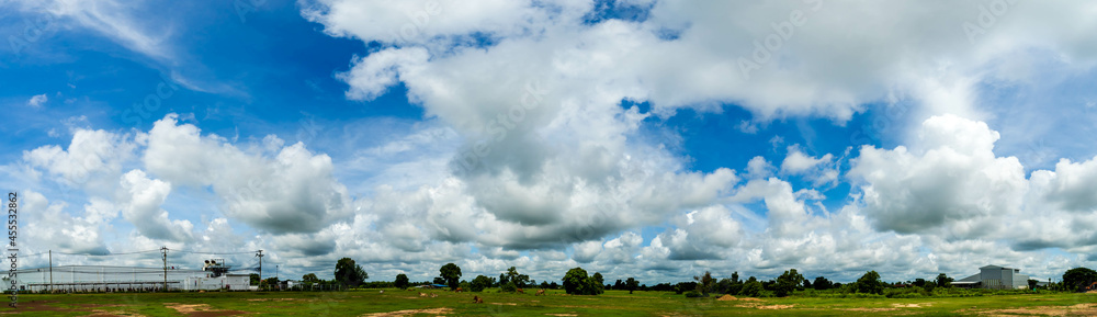 Panorama photos nature sky background daytime sky with clouds in the rainy season over the field Panorama photos nature sky background daytime sky with clouds in the rainy season over the field