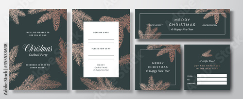 Christmas Vector invitation Cards, Posters and Banners Backgrounds Set. Back and Front Design Layouts with Sketch Pine Branches Templates Collection