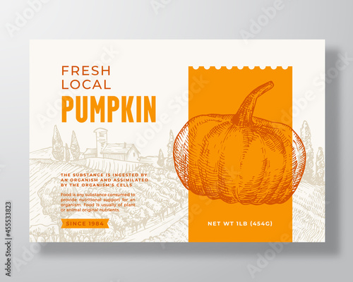 Fresh Local Pumpkin Food Label Template. Abstract Vector Packaging Design Layout. Modern Typography Banner with Hand Drawn Vegetable and Rural Landscape Background. Isolated