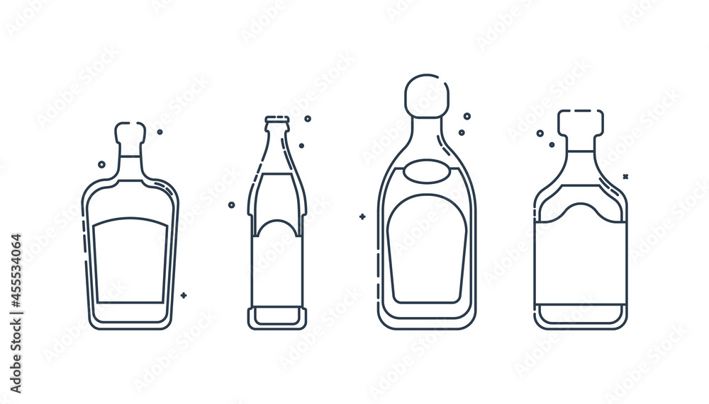 Bottle rum tequila liquor beer line art in flat style. Restaurant alcoholic illustration for celebration design. Design contour element. Beverage outline icon. Isolated on white backdrop. Bottle rum tequila liquor beer line art in flat style. Restaurant alcoholic illustration for celebration design. Design contour element. Beverage outline icon. Isolated on white backdrop.
