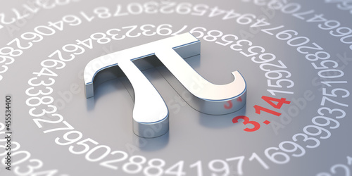 Pi symbol and number digits. Greek letter, mathematical sign and decimal sequence. 3d illustration photo