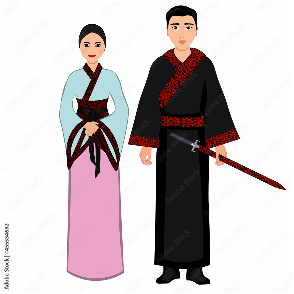 Woman and man in folk national chinese costumes. Vector illustration Woman and man in folk national chinese costumes. Vector illustration