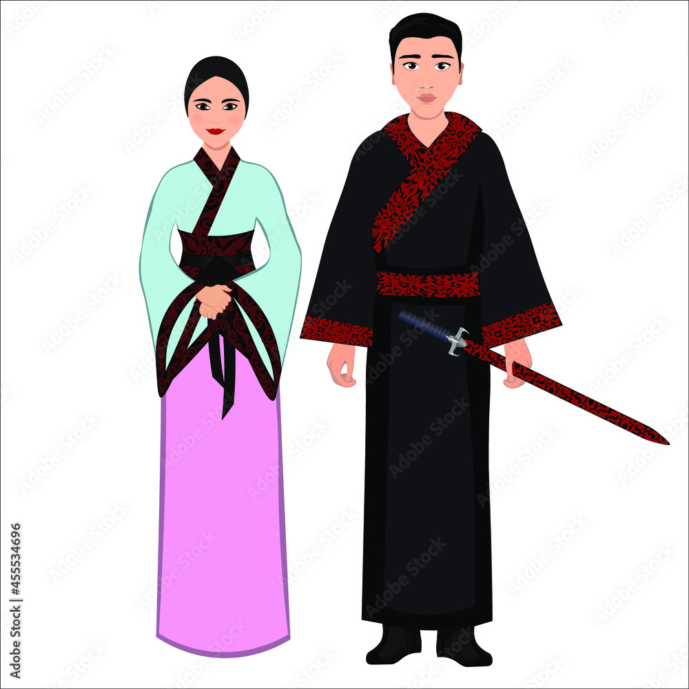 Woman and man in folk national chinese costumes. Vector illustration Woman and man in folk national chinese costumes. Vector illustration