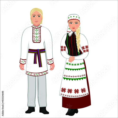 Woman and man in folk national Belarusian costumes. Vector illustration