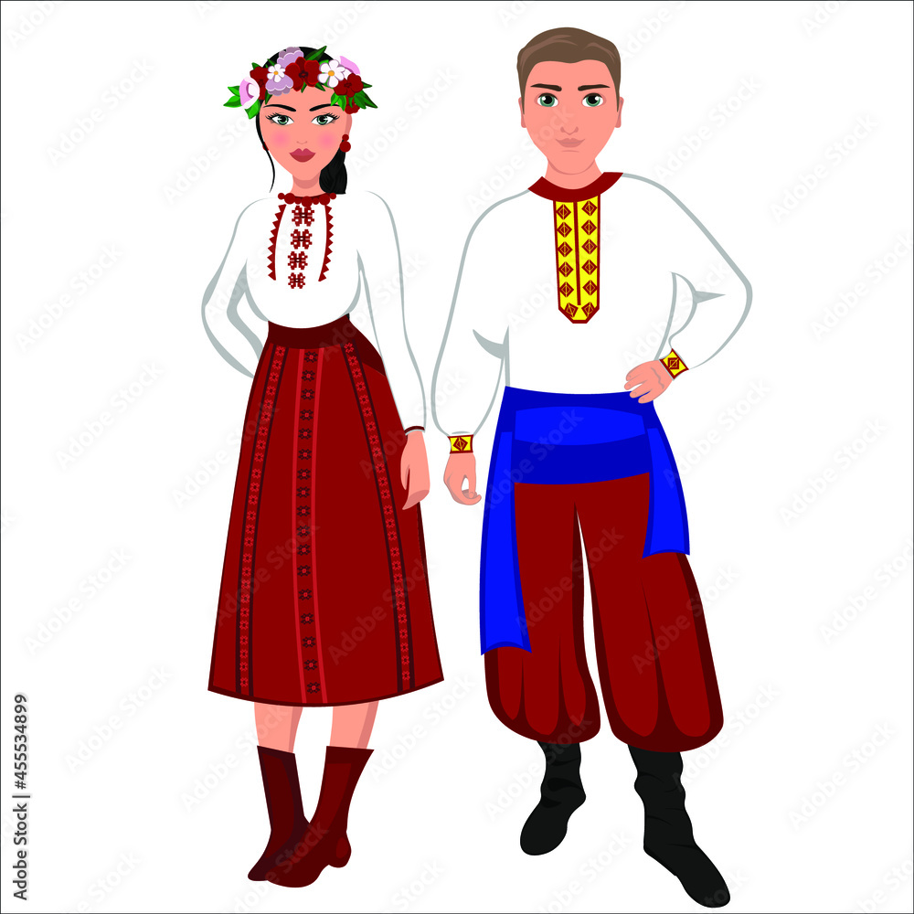 Woman and man in folk national Ukrainian costumes. Vector illustration