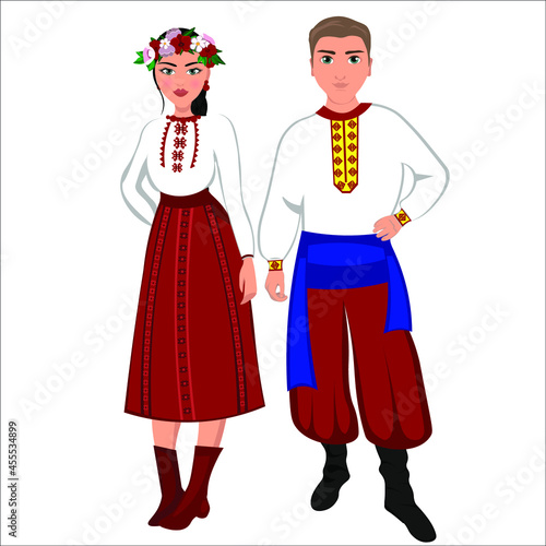Woman and man in folk national Ukrainian costumes. Vector illustration