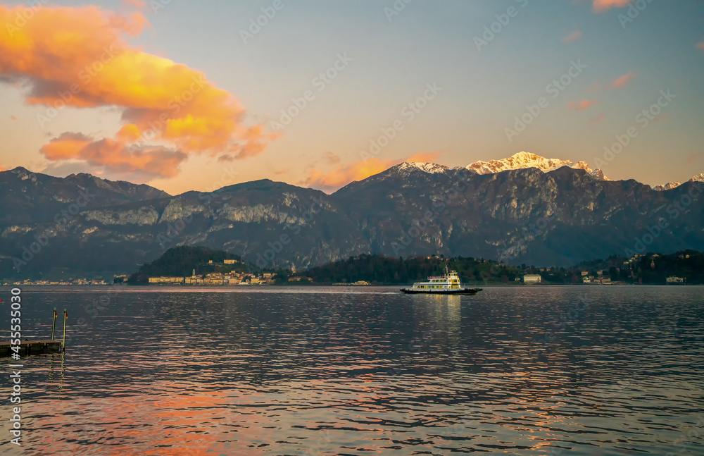Ship gathering passengers to move  to Como town on lake Como