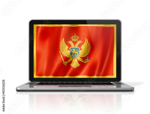 Montenegro flag on laptop screen isolated on white. 3D illustration
