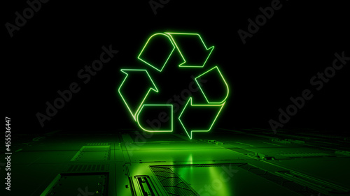 Green Eco Technology Concept with recycle symbol as a neon light. Vibrant colored icon, on a black background with high tech floor. 3D Render photo