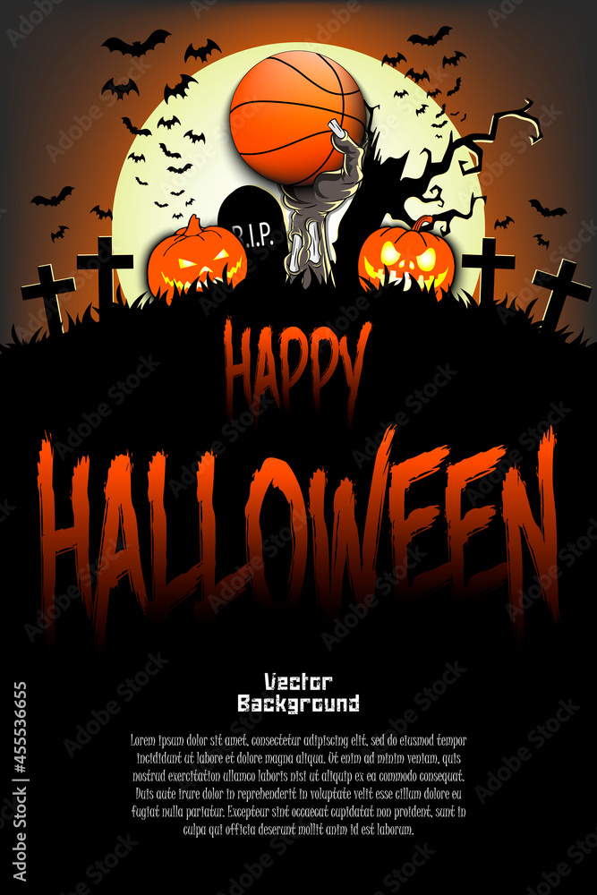 Happy Halloween. Zombie hand from the grave holding a basketball ball. Pumpkins, spooky tree, crosses, coffin and bats. Pattern for banner, poster, greeting card, invitation. Vector illustration
