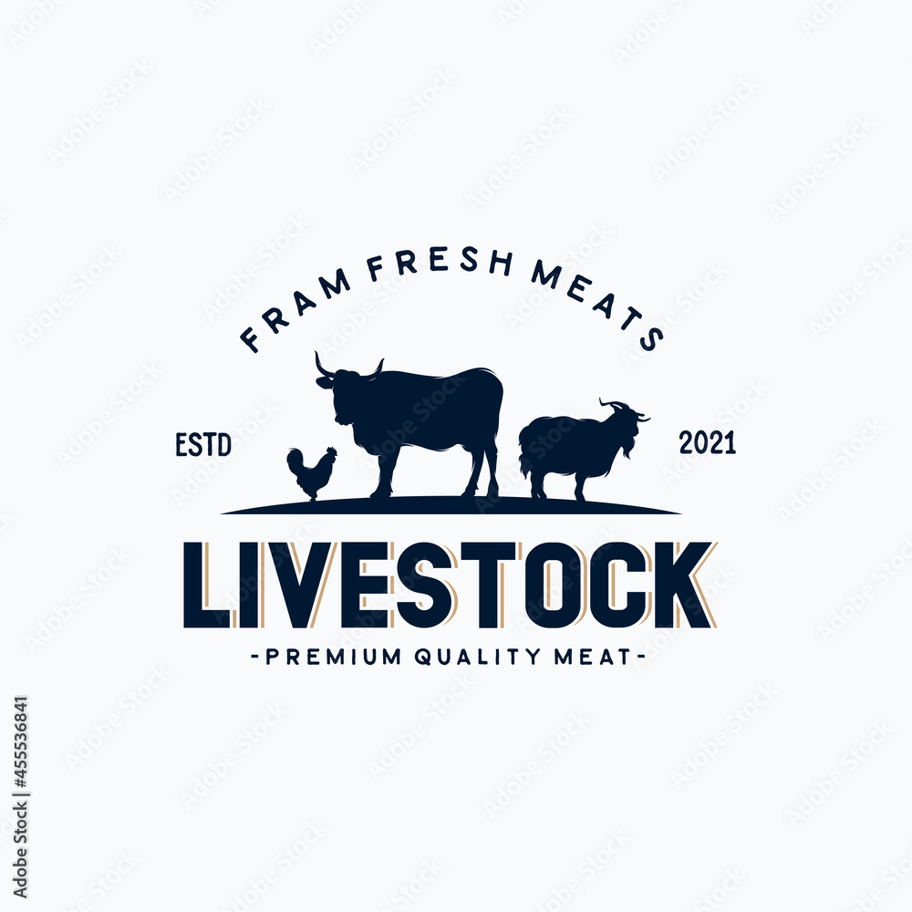 Livestock vintage logo with cow, chicken, and goat