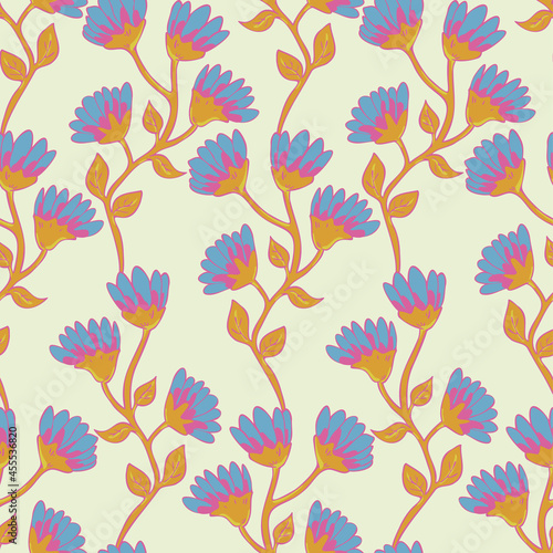 Vector seamless pattern with stylized flowers. Fancy design with hand drawn flowers.