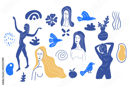 Set modern women portrait, abstract shape, nudes, body, flora. Vintage, retro art trendy art style doodle, sketch. Vector illustration. Vector illustration