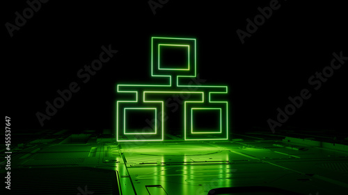Green Network Technology Concept with ethernet symbol as a neon light. Vibrant colored icon, on a black background with high tech floor. 3D Render