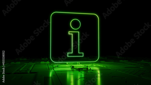 Green Information Technology Concept with info symbol as a neon light. Vibrant colored icon, on a black background with high tech floor. 3D Render