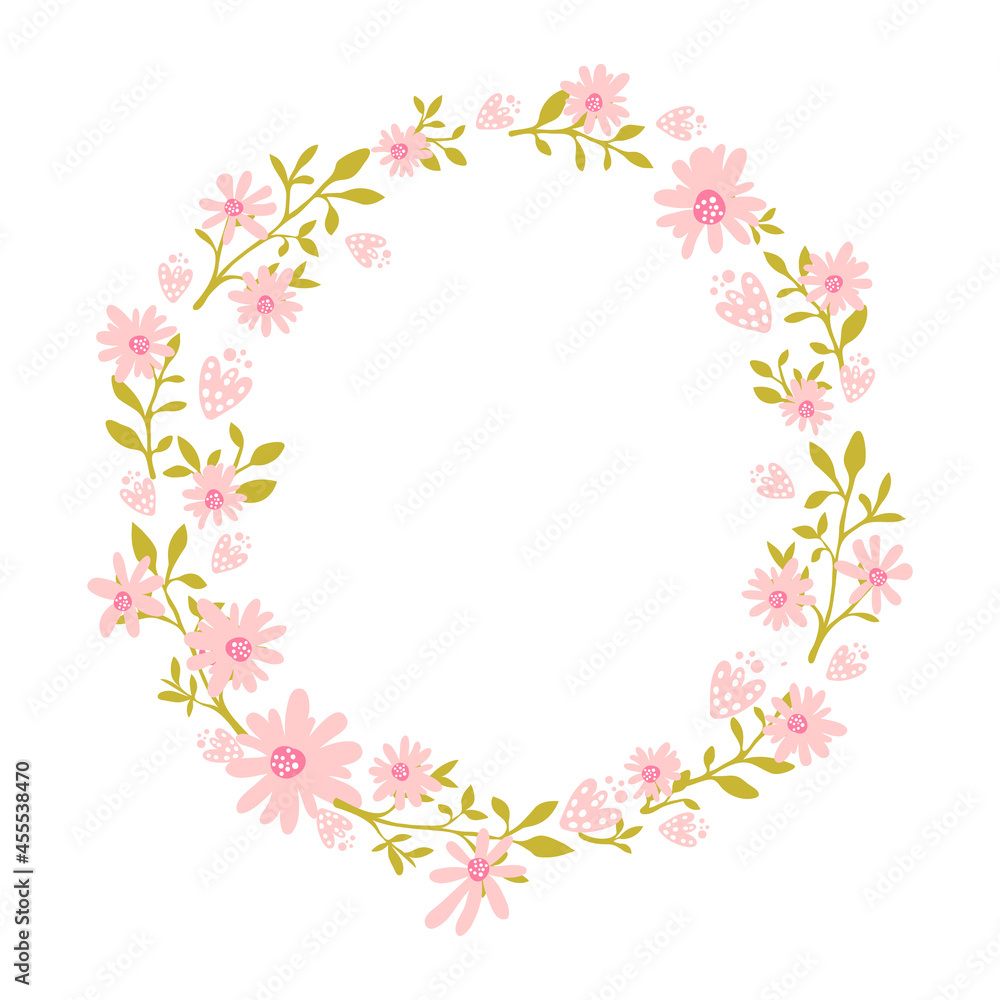 Floral wreath with chamomile flowers. Round frame for cards and wedding invitation. Vector round border with copyspace