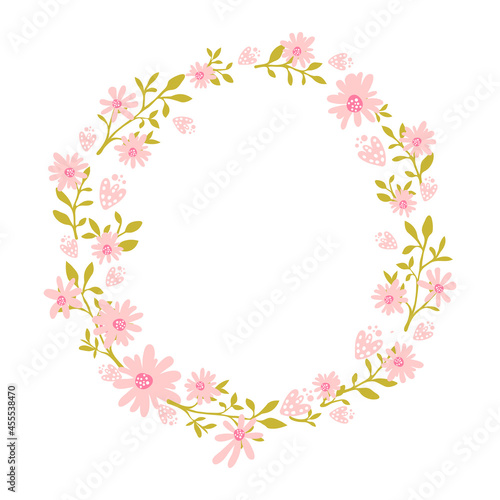 Floral wreath with chamomile flowers. Round frame for cards and wedding invitation. Vector round border with copyspace
