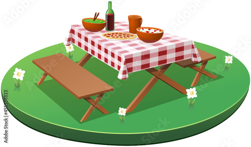 Picnic table with a checkered tablecloth with food and drink