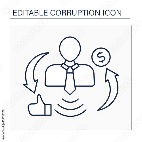 Influence peddling line icon.Influence in government or connections with persons in authority for getting money.Corruption concept. Isolated vector illustration. Editable stroke