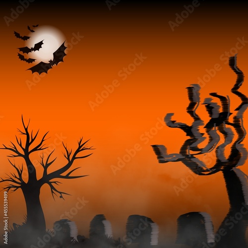 Foggy Halloween cemetery background with orange and black bats in front of the moon themed holiday illustration.