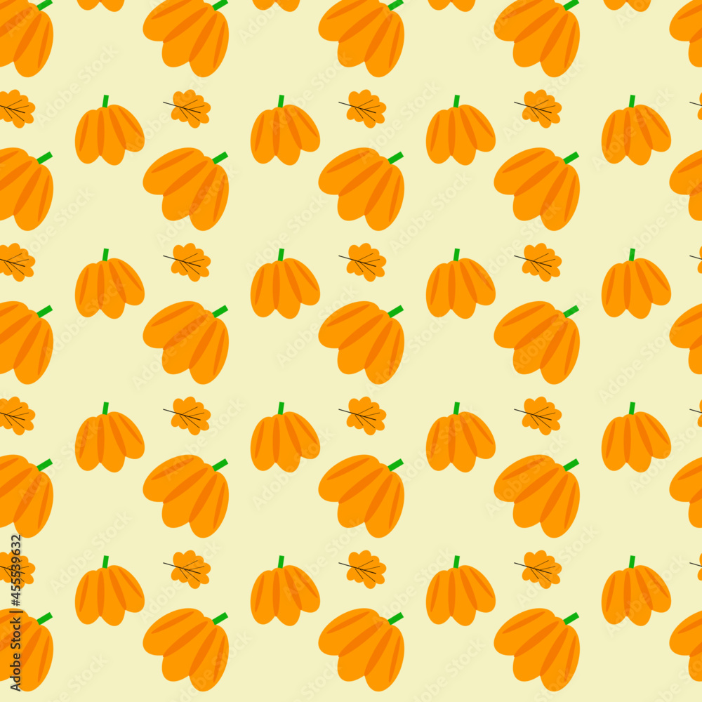 Pattern with bright pumpkins and oak leaves. Pattern with bright pumpkins and oak leaves.