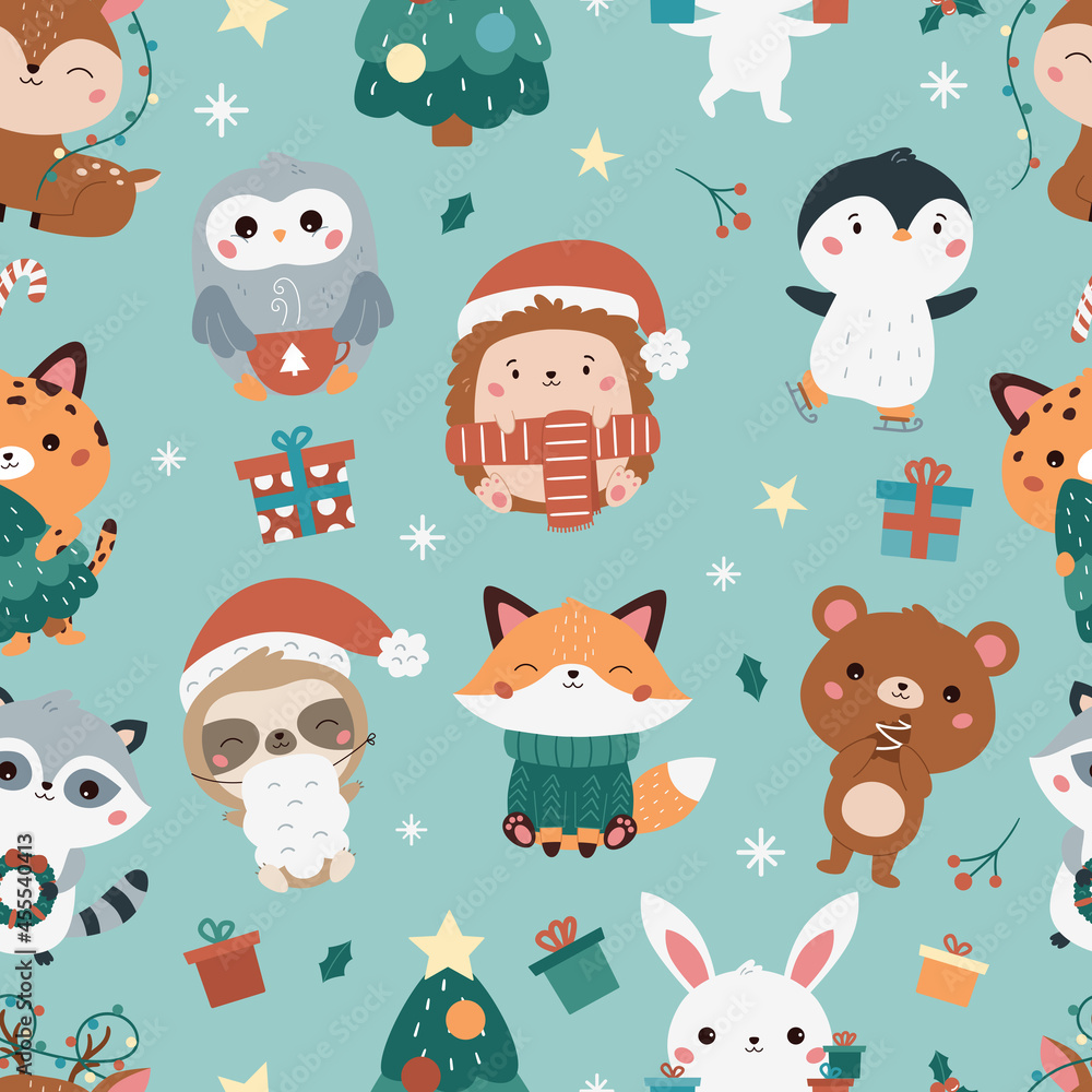 Fototapeta premium Christmas and New Year childish seamless pattern with forest animals. Cute kawaii cartoon characters - bear, leopard, bunny, fox, penguin, sloth, racoon, deer and hedgehog. Vector illustration.