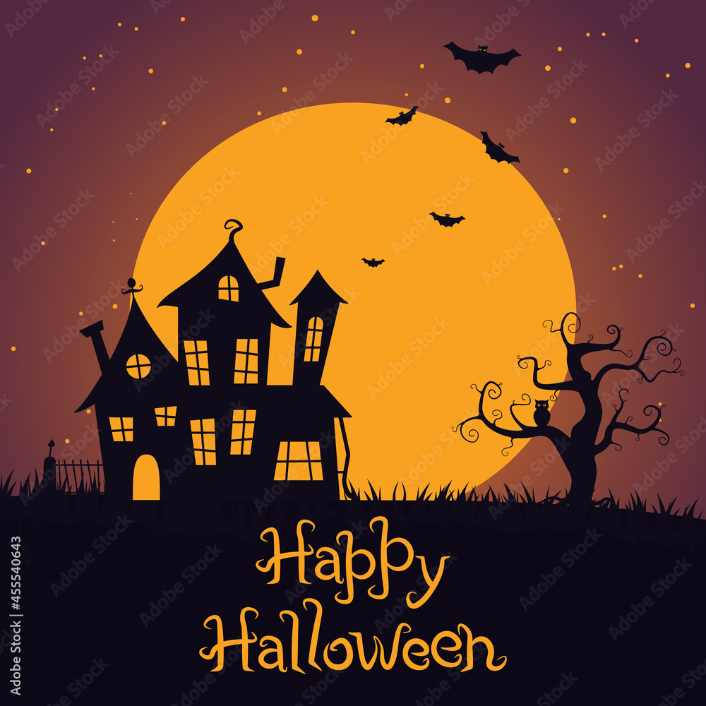 Halloween scary house banner with tree on the background of the sky and the moon and bats. Color vector illustration.