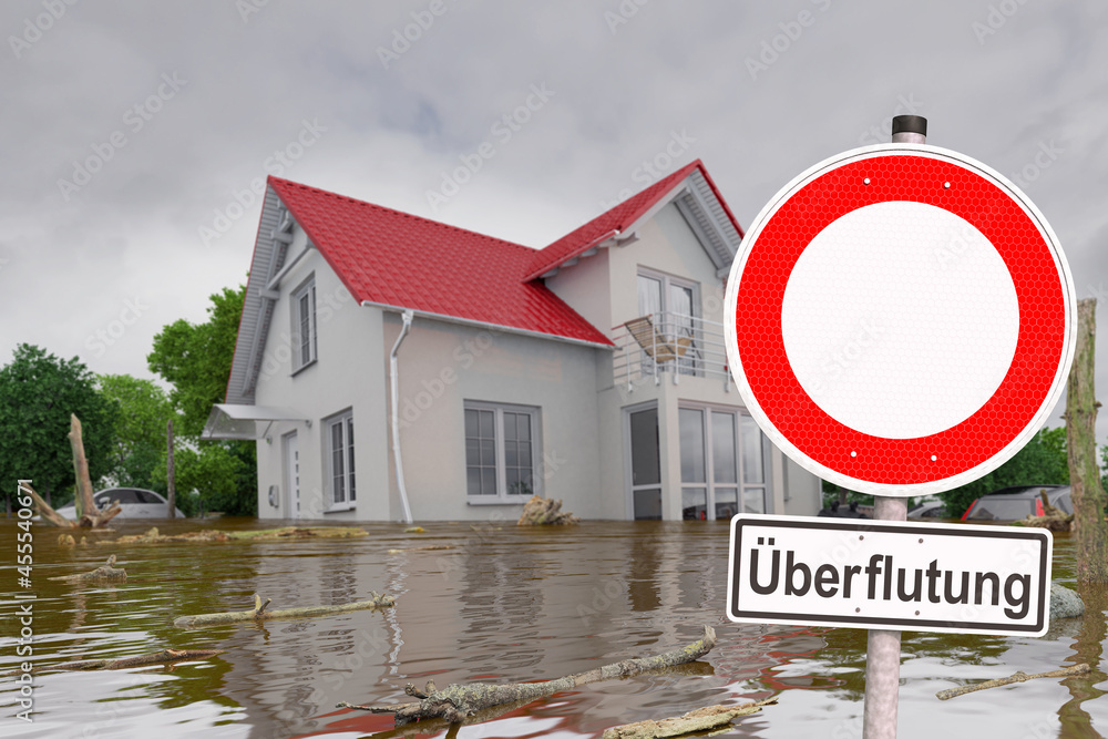 3d Illustation Schild Unwetter Überflutung Hochwasser