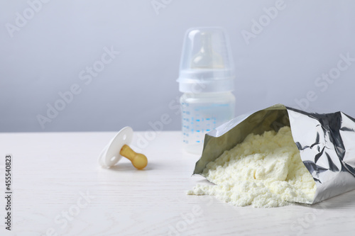Bag of powdered infant formula, feeding bottle and pacifier on white wooden table, space for text. Baby milk