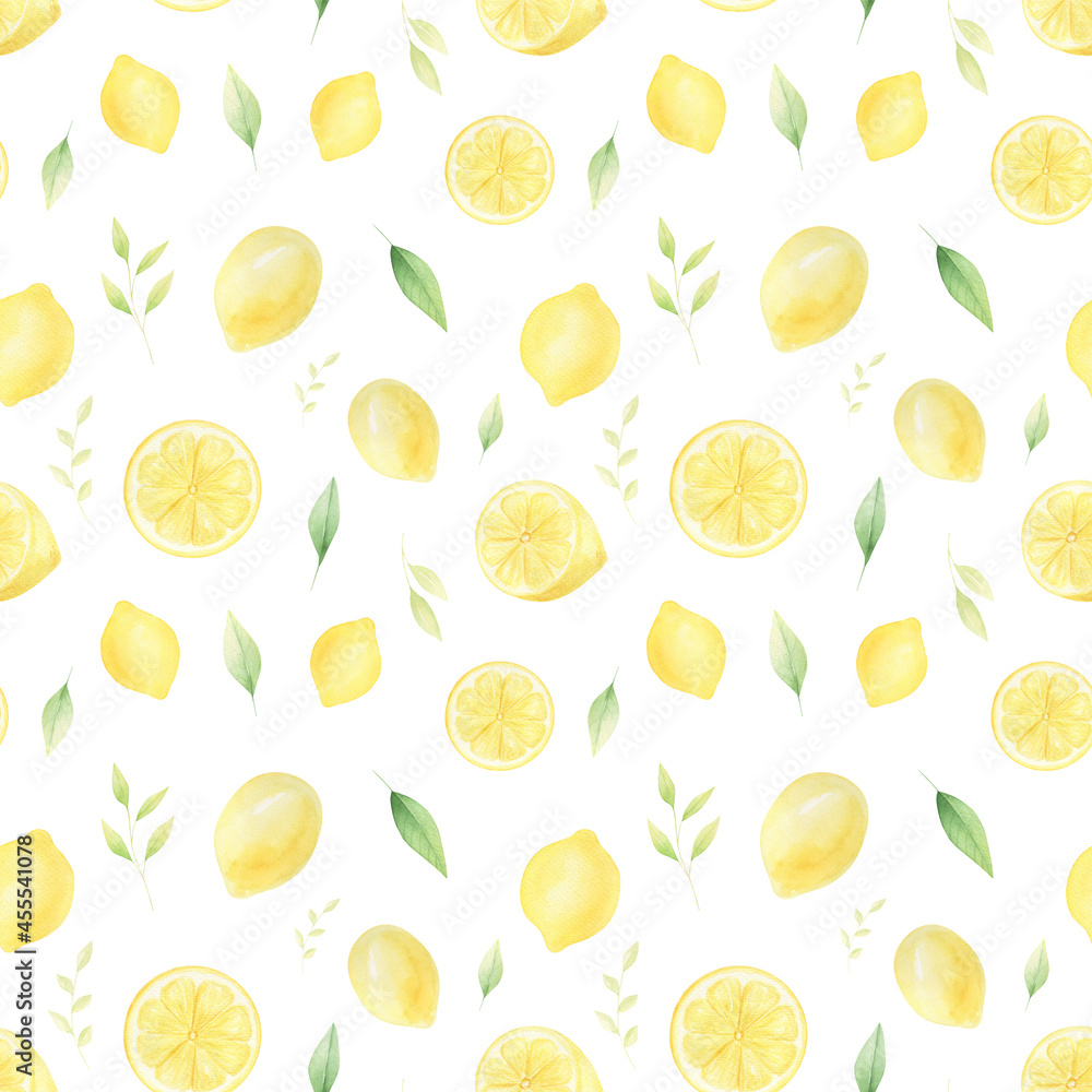 Watercolor lemons seamless pattern isolated on white background. Summer greenery and lemons digital paper. 