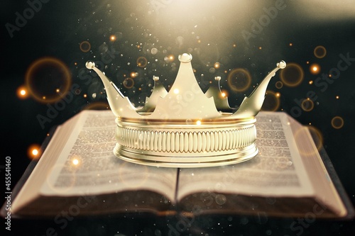 Εκτύπωση καμβά The Holy Bible and a Kings Crown on a desk
