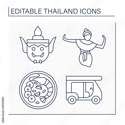 Thailand line icons set. Folklore vase, classical dance, tuk tuk, tom yum goong. Traditional culture things. Country concept. Isolated vector illustrations. Editable stroke