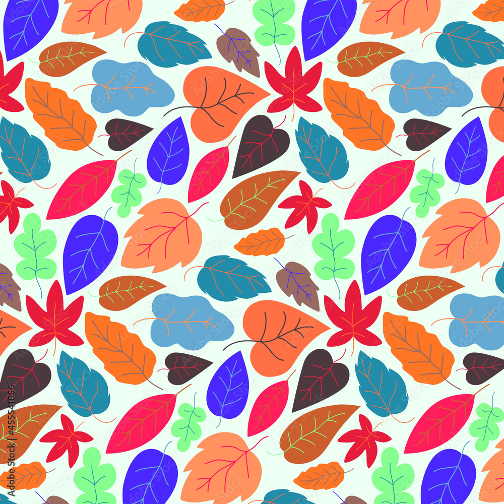 Colorful seamless pattern. Vector illustration. Doodle style illustration. Autumn texture. Colorful leaves. Print for printing on textiles, printing and interior decor.