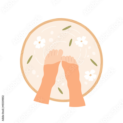 Pedicure spa. Woman soaking her feet in spa bowl with water flowers. Spa treatment concept. Vector illustration in cartoon style. Isolated on white background.