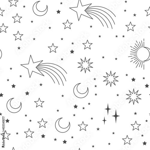 Stars sky seamless pattern. Celestial astrology background. Starry texture for textile design.
