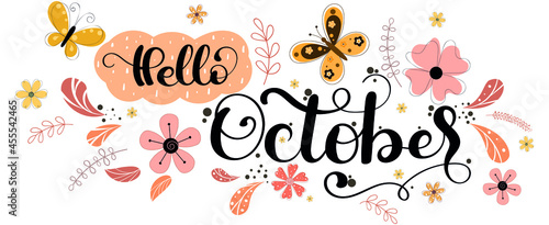Hello October. OCTOBER month vector with flowers and leaves. Decoration floral. Illustration month October 