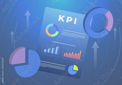 Key Performance Indicator - KPI Business concept illustration. Company management, growth kpi indicators vector icon and infographic charts. BI Business Intelligence strategy with targets and metrics.