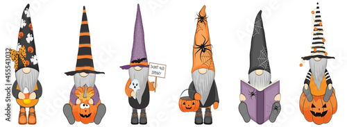 Funny happy halloween gnomes set. Vector illustration.