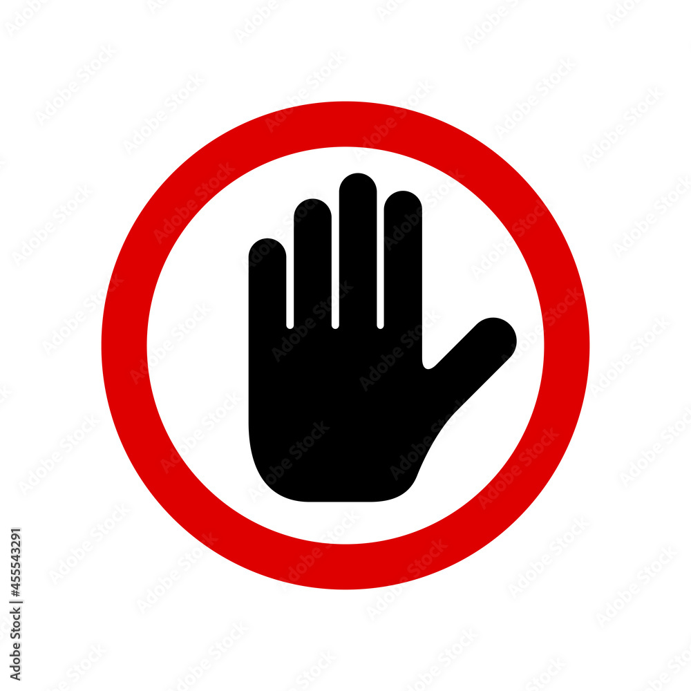 Black hand prohibition sign. Stop sign push icon. No symbol isolated on white. Vector illustration Black hand prohibition sign. Stop sign push icon. No symbol isolated on white. Vector illustration
