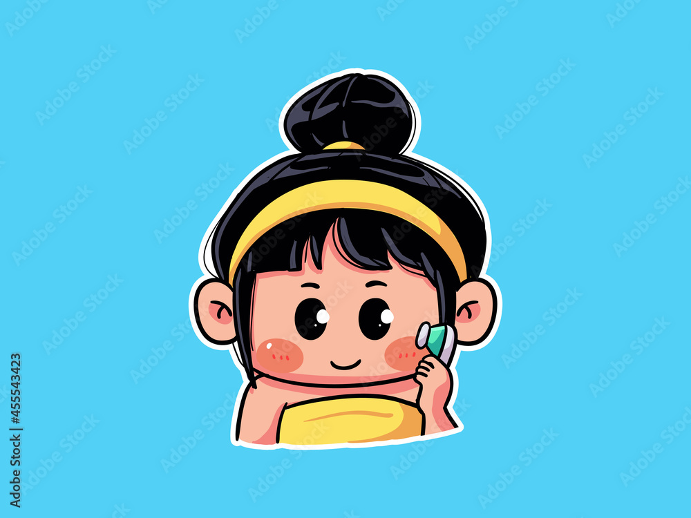 Cute and kawaii Girl Clean Face with Cleansing Brush Tools manga chibi Illustration Cute and kawaii Girl Clean Face with Cleansing Brush Tools manga chibi Illustration