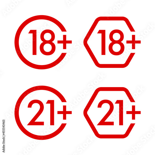 Eighteen and twenty one plus years sticker, badge, circle and hexagonal red labels. Vector illustration