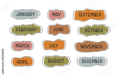 Handwritten colorful names of months  on white background. Modern bright cartoon design for calendar, weekly plan, organizer. Vector illustration