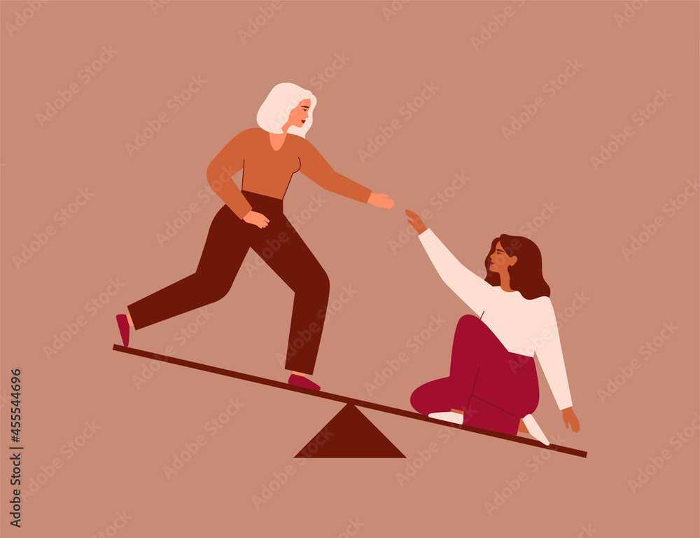 Woman extends a helping hand to her friend to achieve balance. Female leader helps newcomer to climb career. Work relations between colleagues. Psychological support between women. Vector illustration