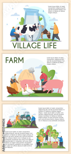 Set of farm. Pictures with animals and life in village. Milking cows, walking pigs and geese, repairing tractor, working in field. Cartoon flat vector illustrations isolated on white background