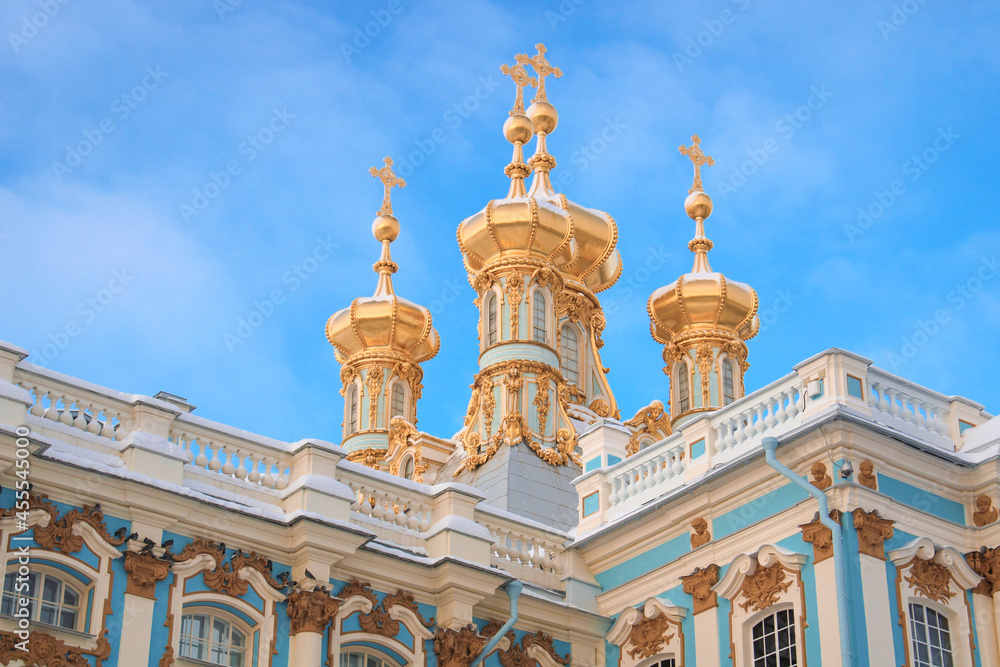 Russian church golden domes on the blue sky